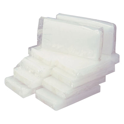 A stack of translucent WaxWel Paraffin Bath Bars in clear plastic packaging, arranged in various sizes.