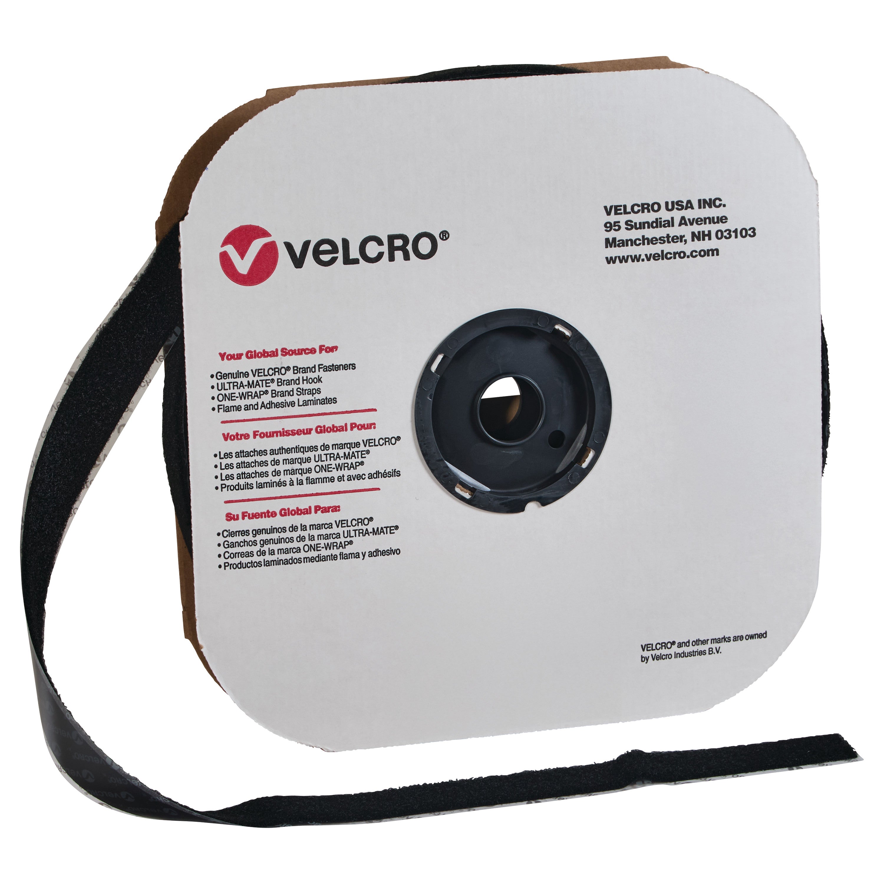 VELCRO Brand Adhesive-Backed Loop is shown on a large spool with product information printed on the cardboard.