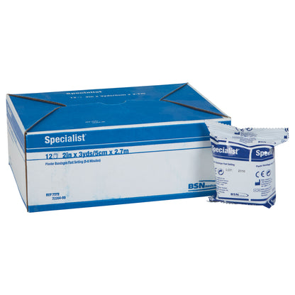Box and pack of Delta-Cast Specialist Plaster of Paris Bandage, 2in x 3yds. Blue and white packaging with product details.