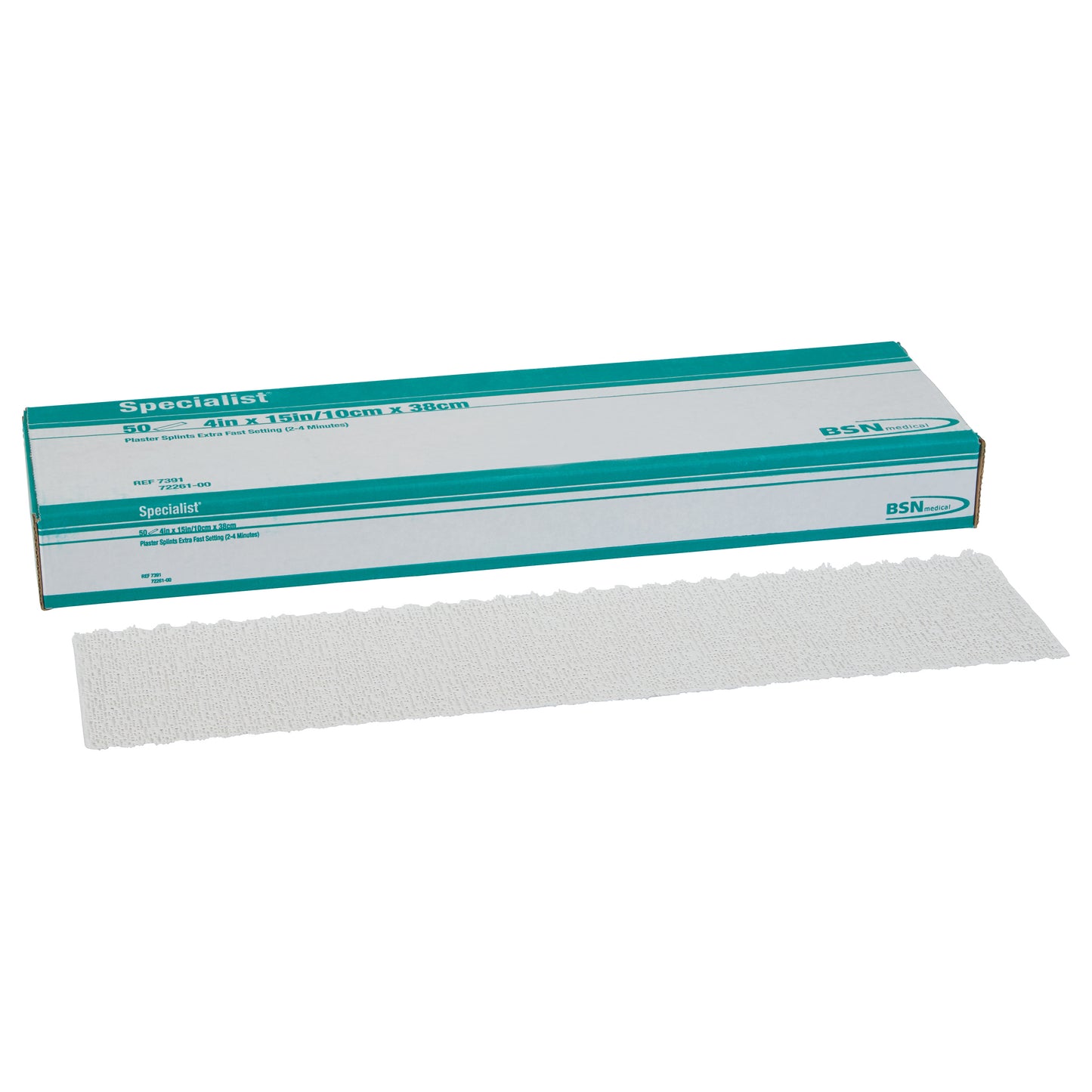 Packaging for Delta-Cast Specialist Plaster of Paris Splint, 4in x 15in, shown with a white splint strip beside it.