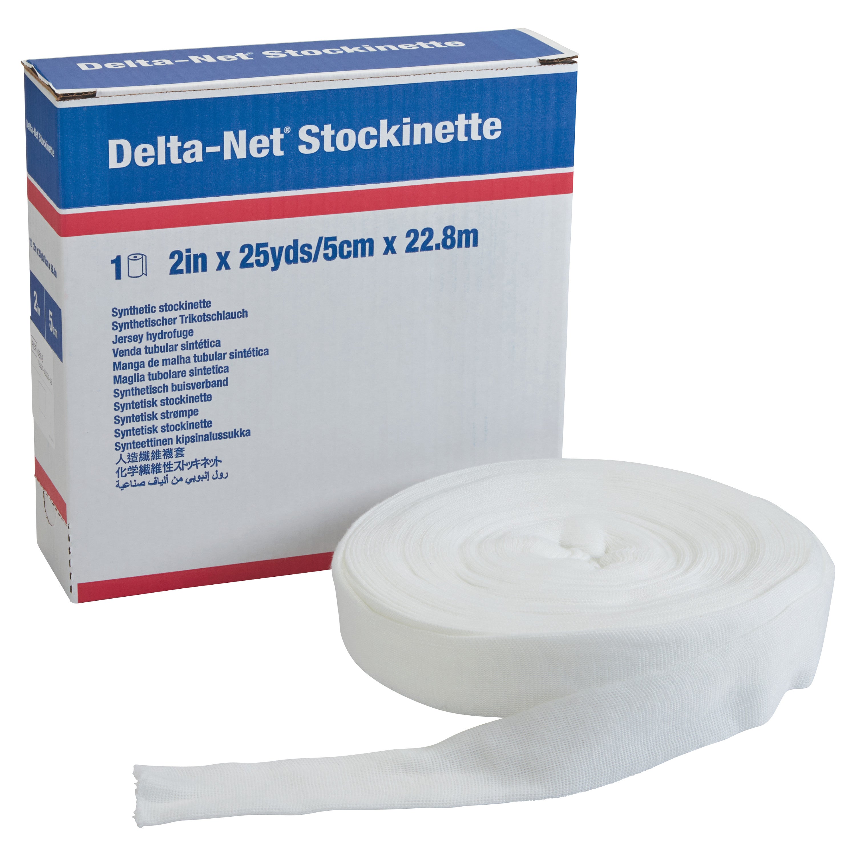 Box and roll of Delta-Cast Delta-Net Orthopedic Synthetic Stockinette, measuring 2in x 25yds/5cm x 22.8m, shown in white.