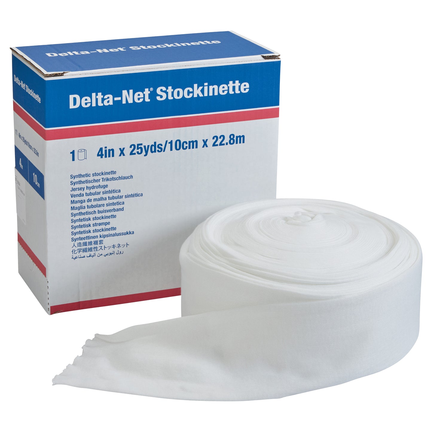 Box and roll of Delta-Cast Delta-Net Orthopedic Synthetic Stockinette, size 4in x 25yds, white in color.