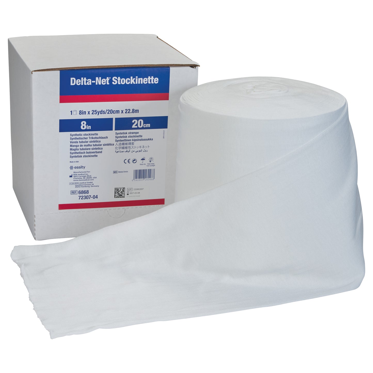A roll of Delta-Cast Delta-Net Orthopedic Synthetic Stockinette is shown next to its labeled box, measuring 8 inches wide.