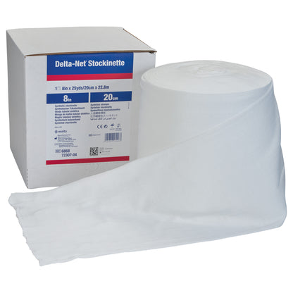 A roll of Delta-Cast Delta-Net Orthopedic Synthetic Stockinette is shown next to its labeled box, measuring 8 inches wide.