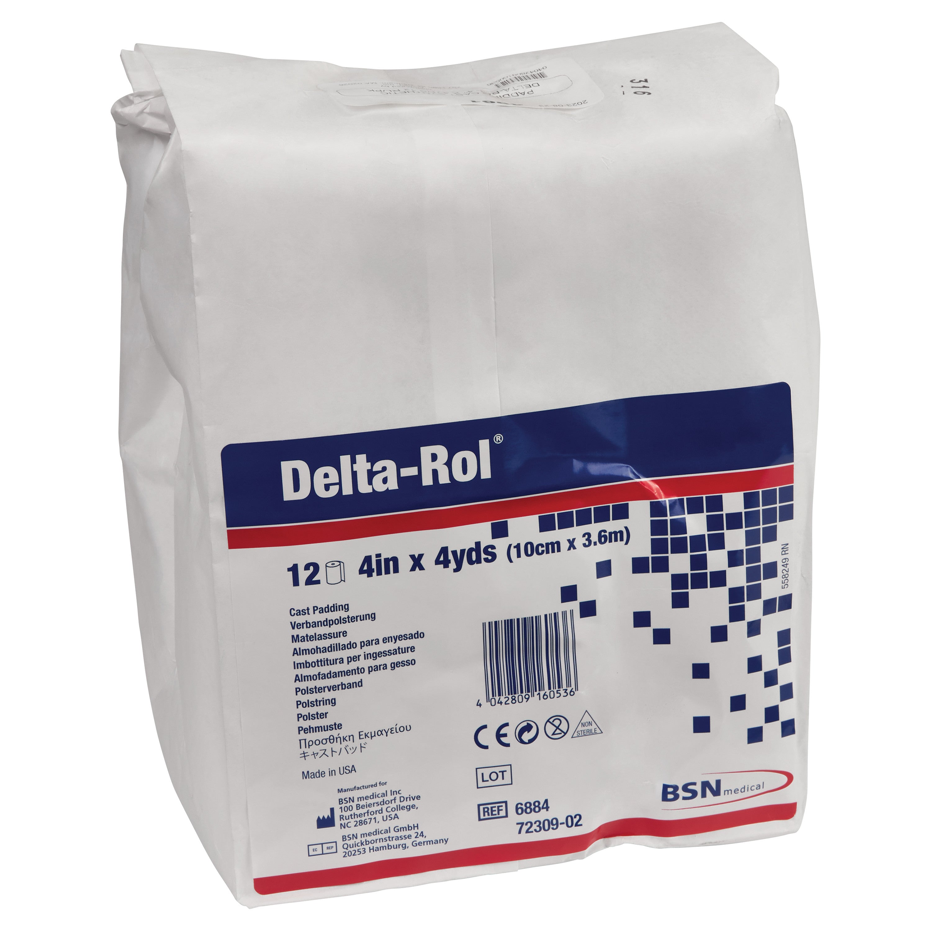 Packaging of Delta-Cast Delta-Rol Synthetic Cast Padding, labeled for 12 rolls, 4in x 4yds, with barcode and BSN medical logo.