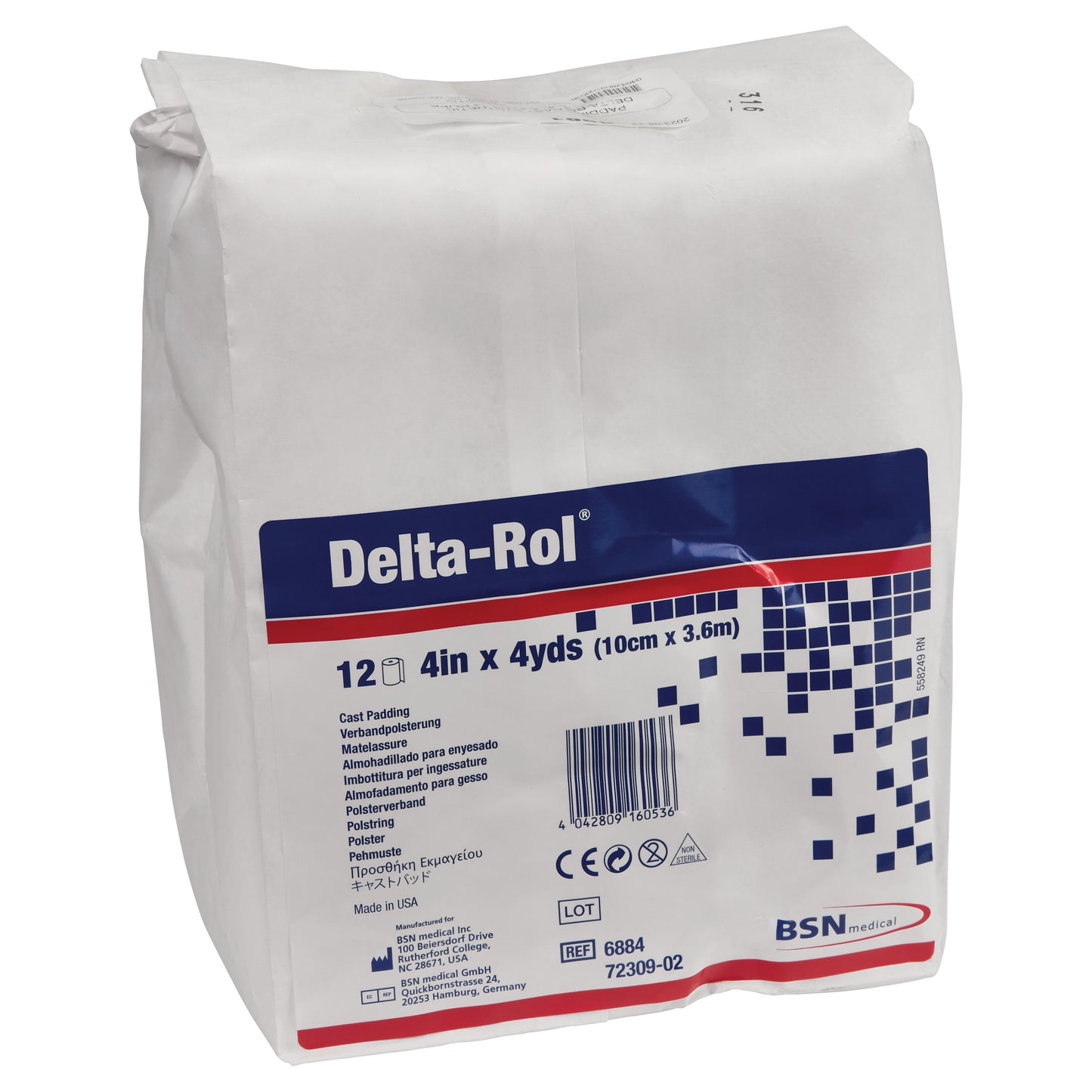 Packaging of Delta-Cast Delta-Rol Synthetic Cast Padding, labeled for 12 rolls, 4in x 4yds, with barcode and BSN medical logo.
