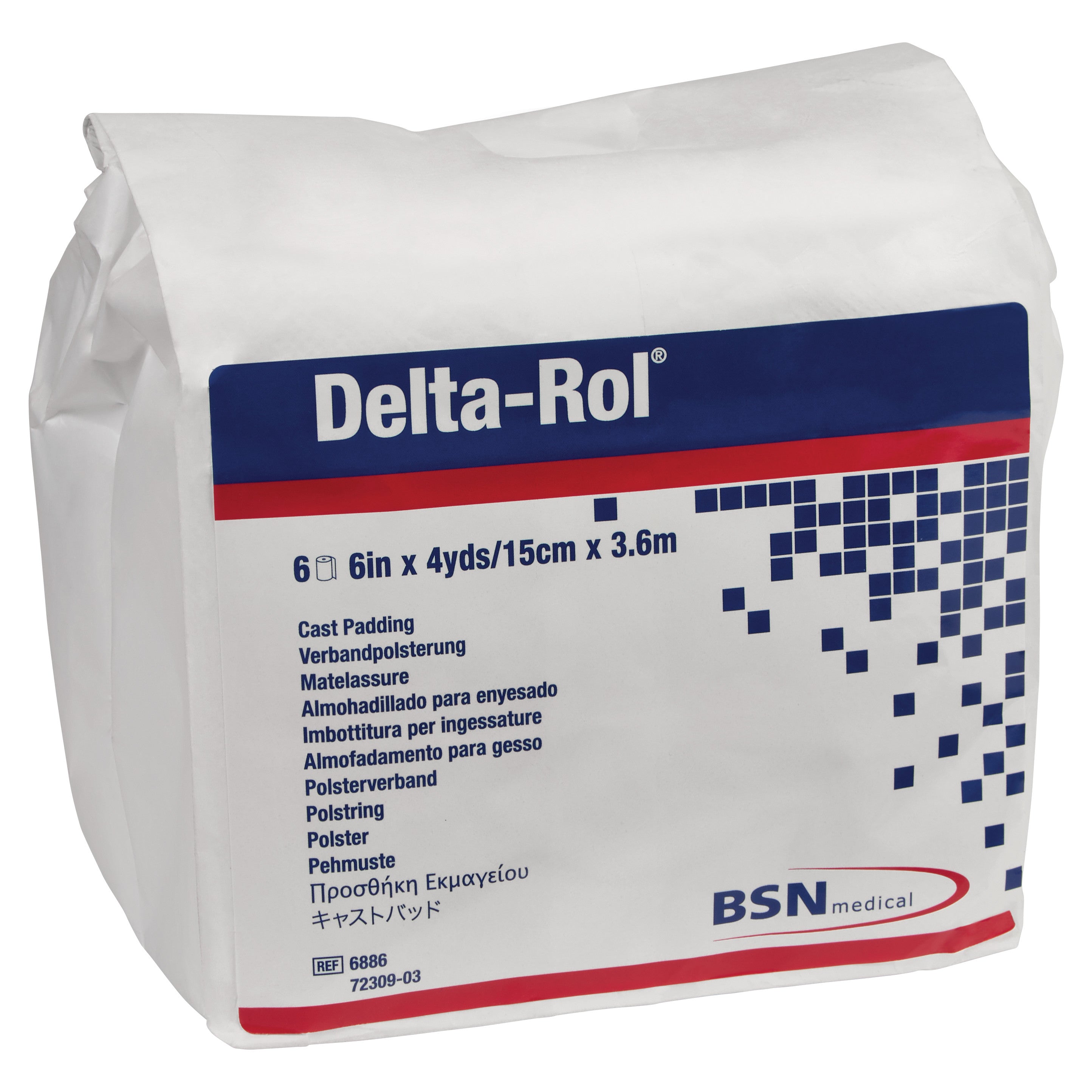 Packaging of Delta-Cast Delta-Rol Synthetic Cast Padding, measures 6in x 4yds (15cm x 3.6m), by BSN medical.
