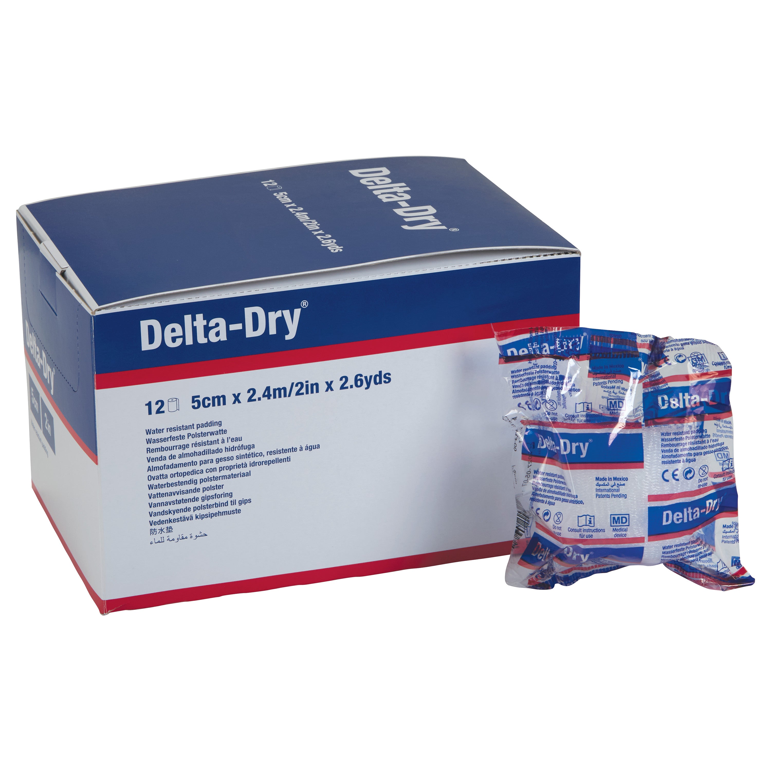 Box and package of Delta-Cast Delta-Dry Water-Resistant Cast Padding, size 5cm x 2.4m, in blue and red branding.