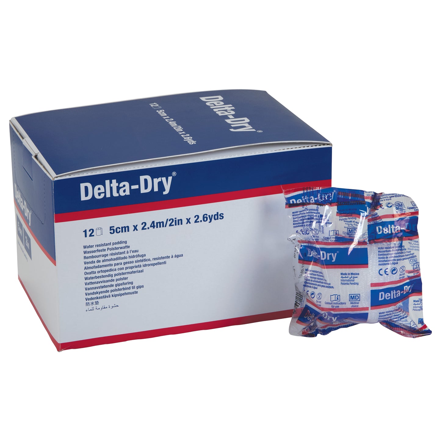 Box and package of Delta-Cast Delta-Dry Water-Resistant Cast Padding, size 5cm x 2.4m, in blue and red branding.