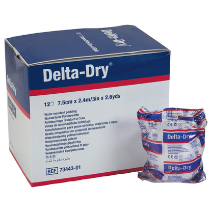 Box and package of Delta-Cast Delta-Dry Water-Resistant Cast Padding, labeled in multiple languages, with dimensions 7.5cm x 2.4m.