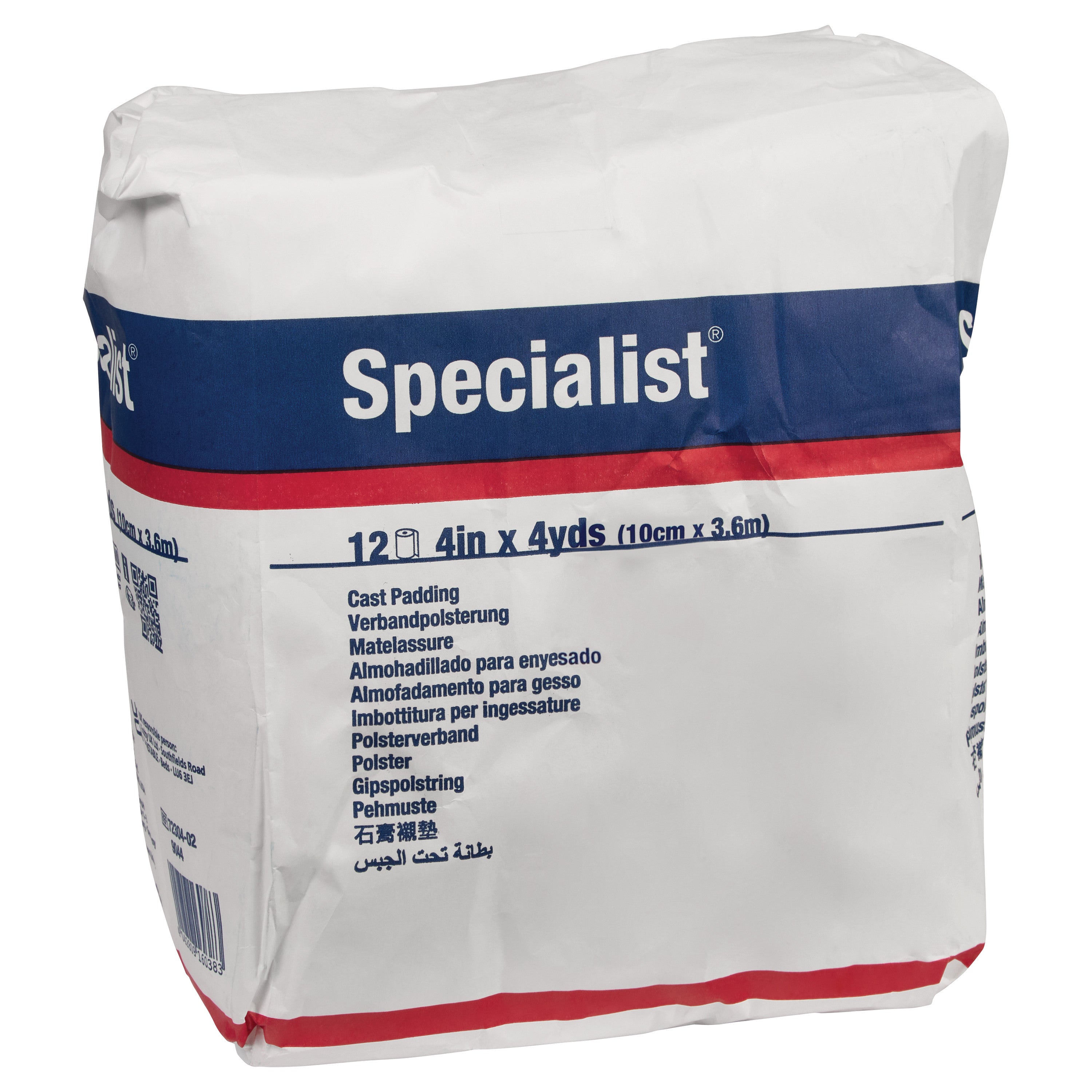 Package of Delta-Cast Specialist Cotton Blend Cast Padding, 12 rolls, 4 in x 4 yds, with text in multiple languages.