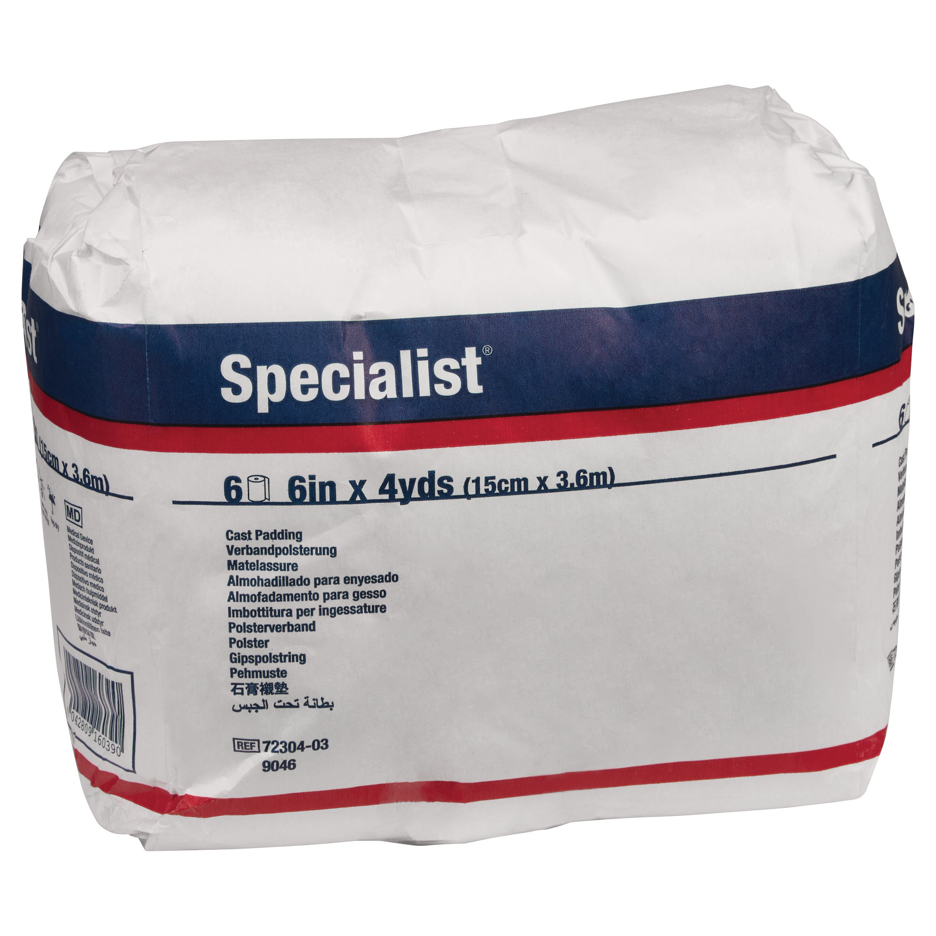 A package of Delta-Cast Specialist Cotton Blend Cast Padding, 6 inches by 4 yards, labeled in multiple languages.
