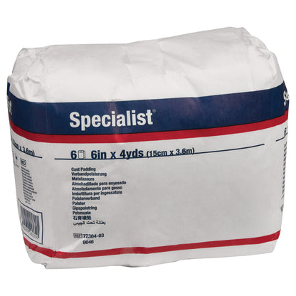 A package of Delta-Cast Specialist Cotton Blend Cast Padding, 6 inches by 4 yards, labeled in multiple languages.