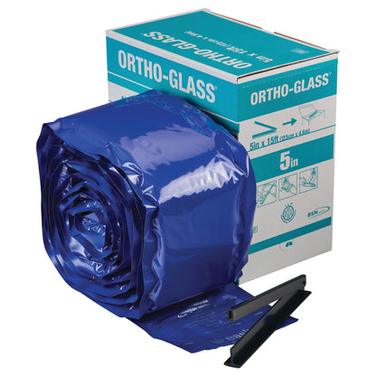 Delta-Cast Ortho-Glass Fiberglass Splinting System, Roll Form, in blue packaging, next to an instructional box.