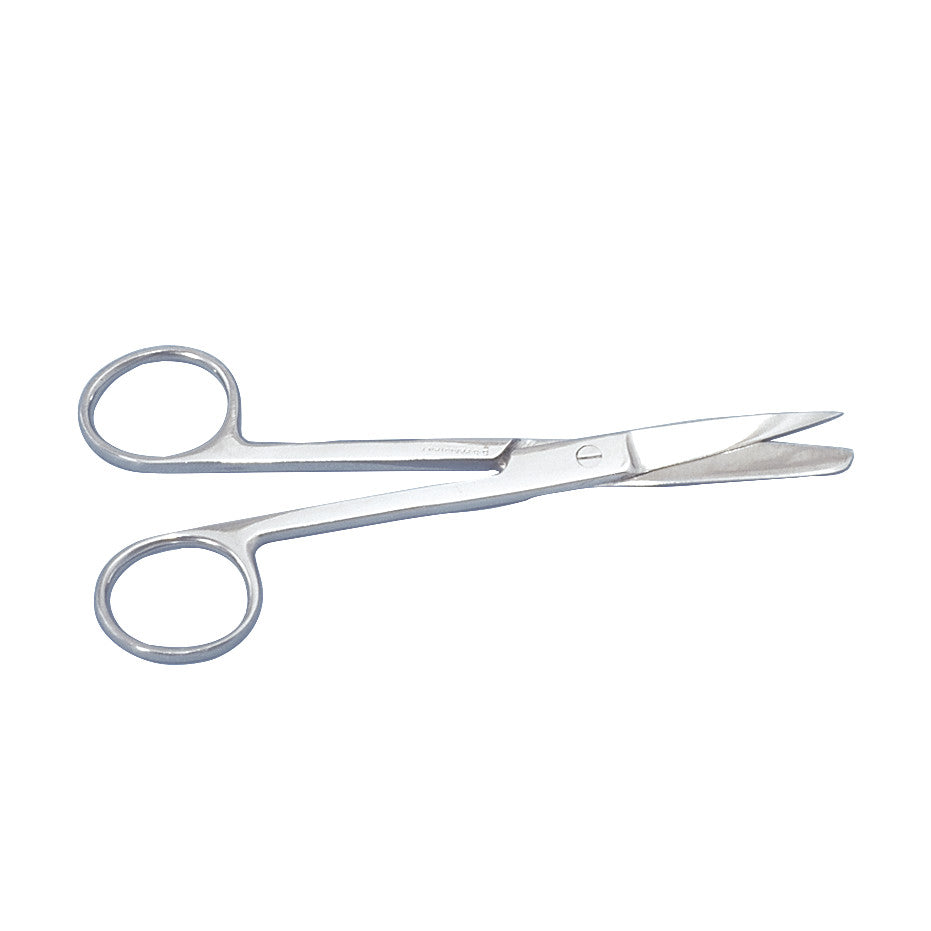 Silver Dressing Scissors with a curved blade and finger loops, designed for medical or first aid use.