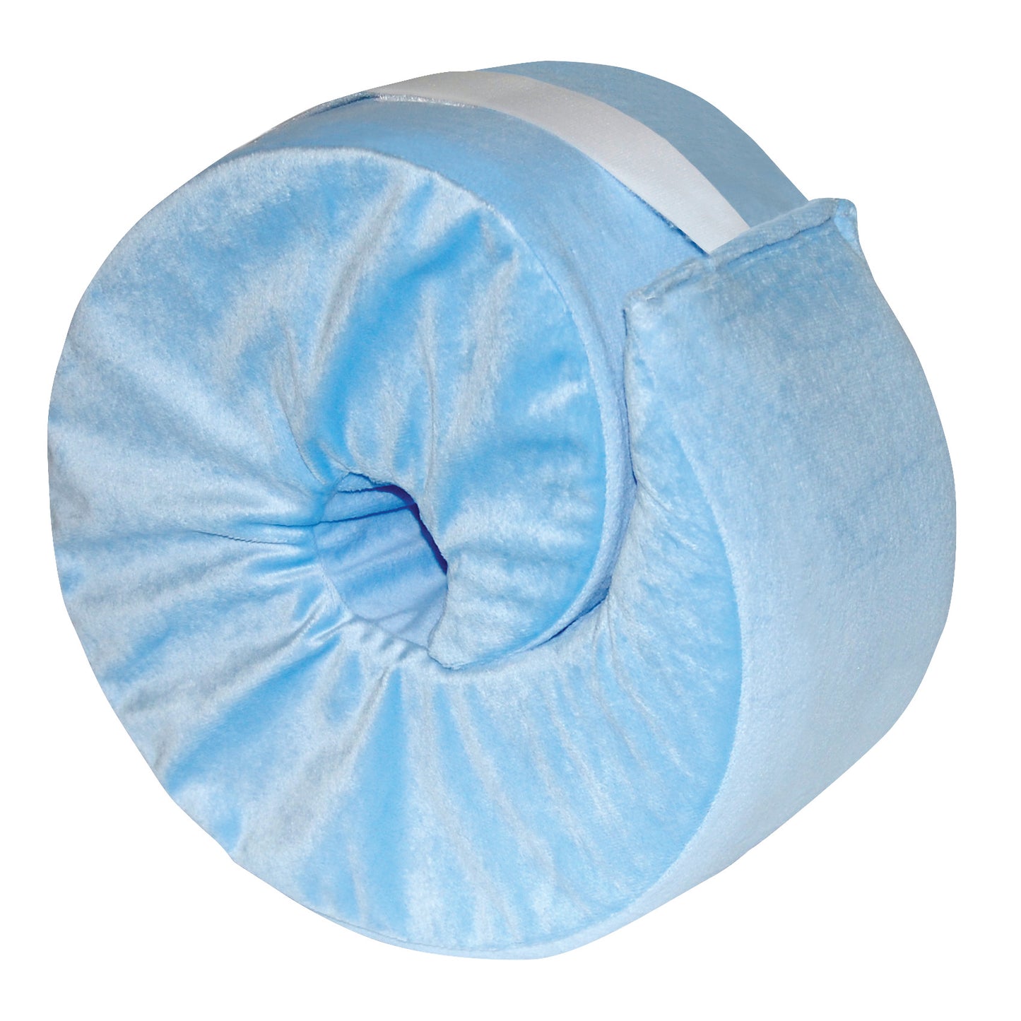 Blue SkiL-Care Foot/Heel Elevator rolled up, featuring a velvety texture and a white strap for secure fastening.