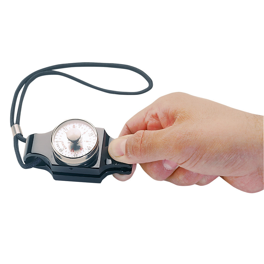 A hand holds a B&L Engineering Pinch Gauge with a black strap, featuring a dial and a small button for measurements.