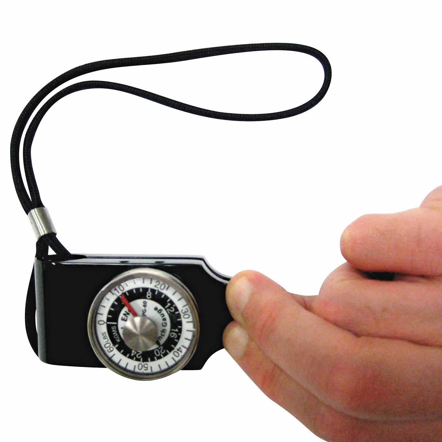 A hand holds a B&L Engineering Pinch Gauge with a black body and a circular dial, attached to a wrist strap.