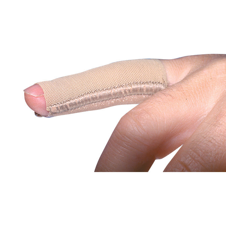 A finger wearing a Bio-Form Digi-Sleeve, a beige fabric sleeve designed to cover and protect the finger.