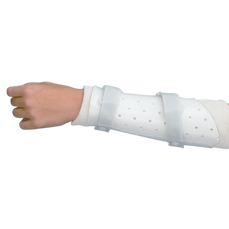 A forearm wearing a Miami Prefabricated Ulnar Fracture Brace, which is a white, perforated, plastic brace with adjustable straps.