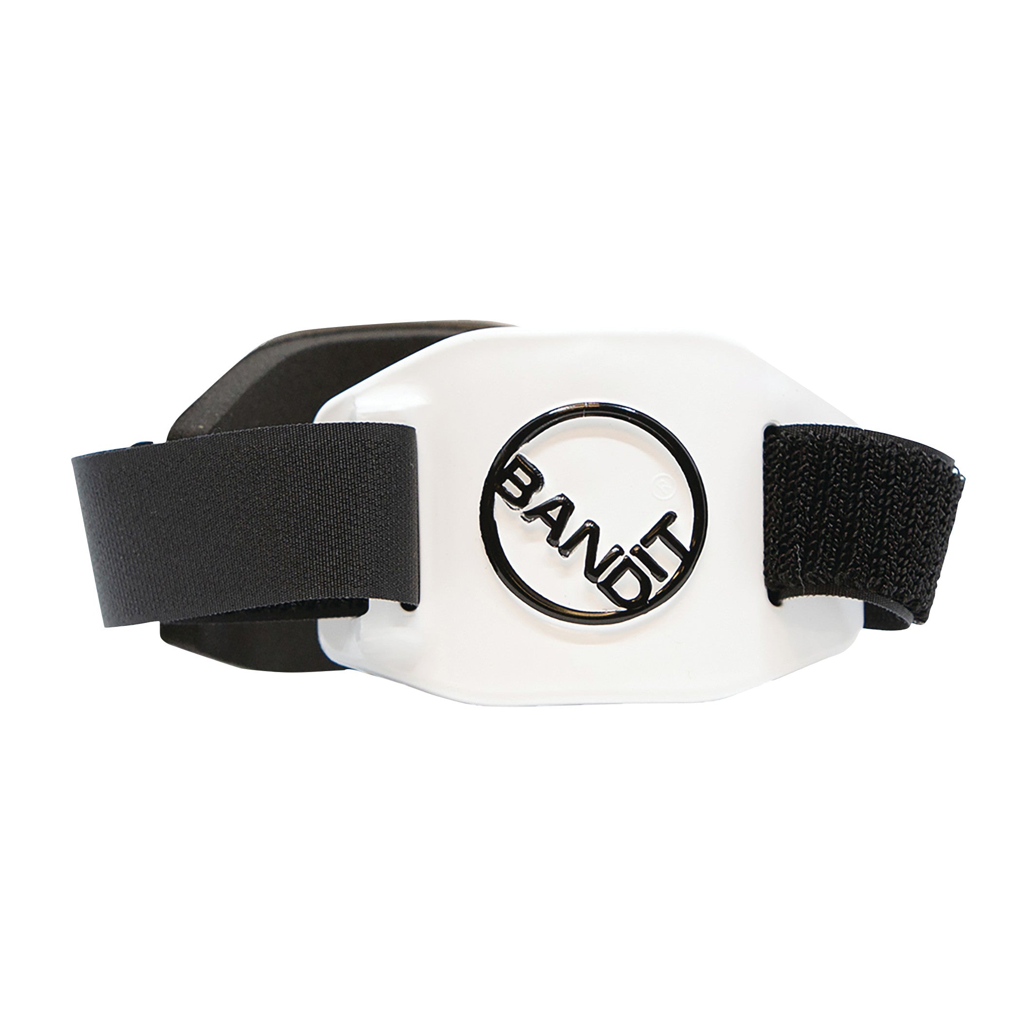 White BandIT elbow brace with black straps and a circular logo on top.