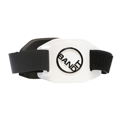 White BandIT elbow brace with black straps and a circular logo on top.