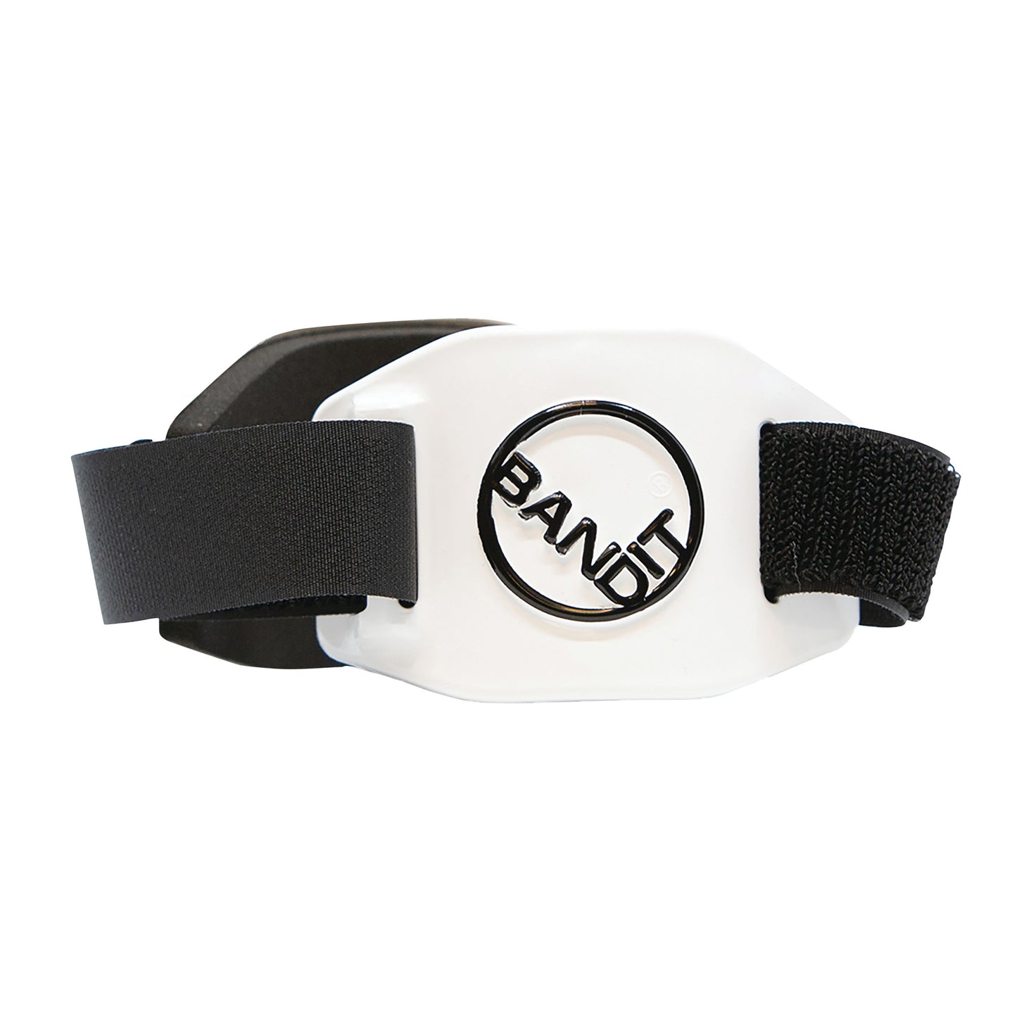A white BandIT forearm band with a circular logo and adjustable black straps.
