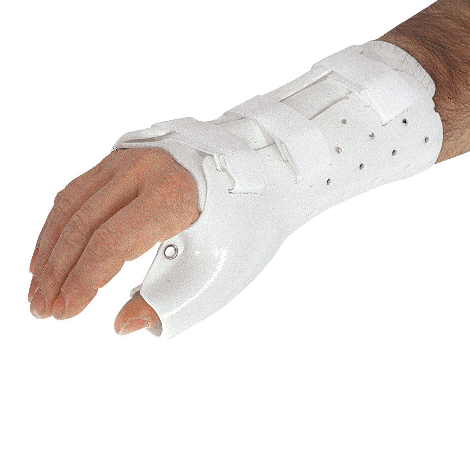 A person's forearm and hand in a white Wrist-Hand-Thumb PlastiCast with adjustable straps and ventilation holes.