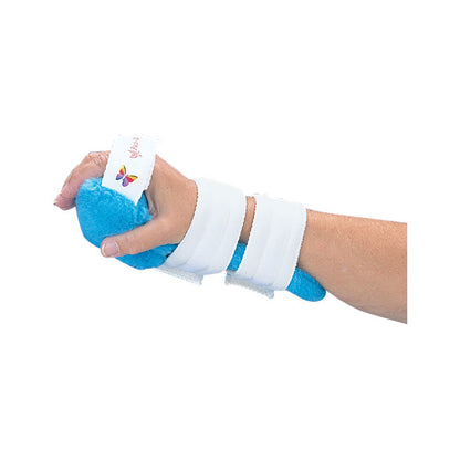 A person wears the Pucci Air Inflatable Hand Splint. It's blue with white straps and a tag showing a butterfly design.