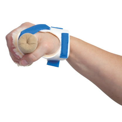 A hand wearing the AliMed Progressive Palm Guard Splint Kit with a blue strap, holding a cylindrical foam piece for support.