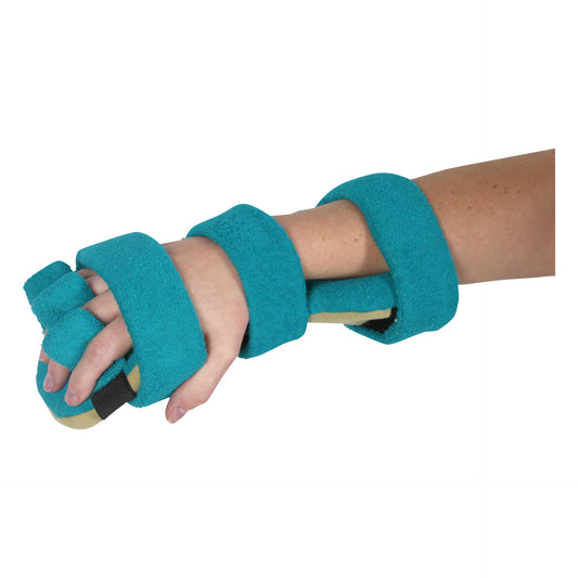 A person's arm is fitted with the AliMed ULTRApadded Grip Orthosis, which is teal and beige, covering the hand and forearm.