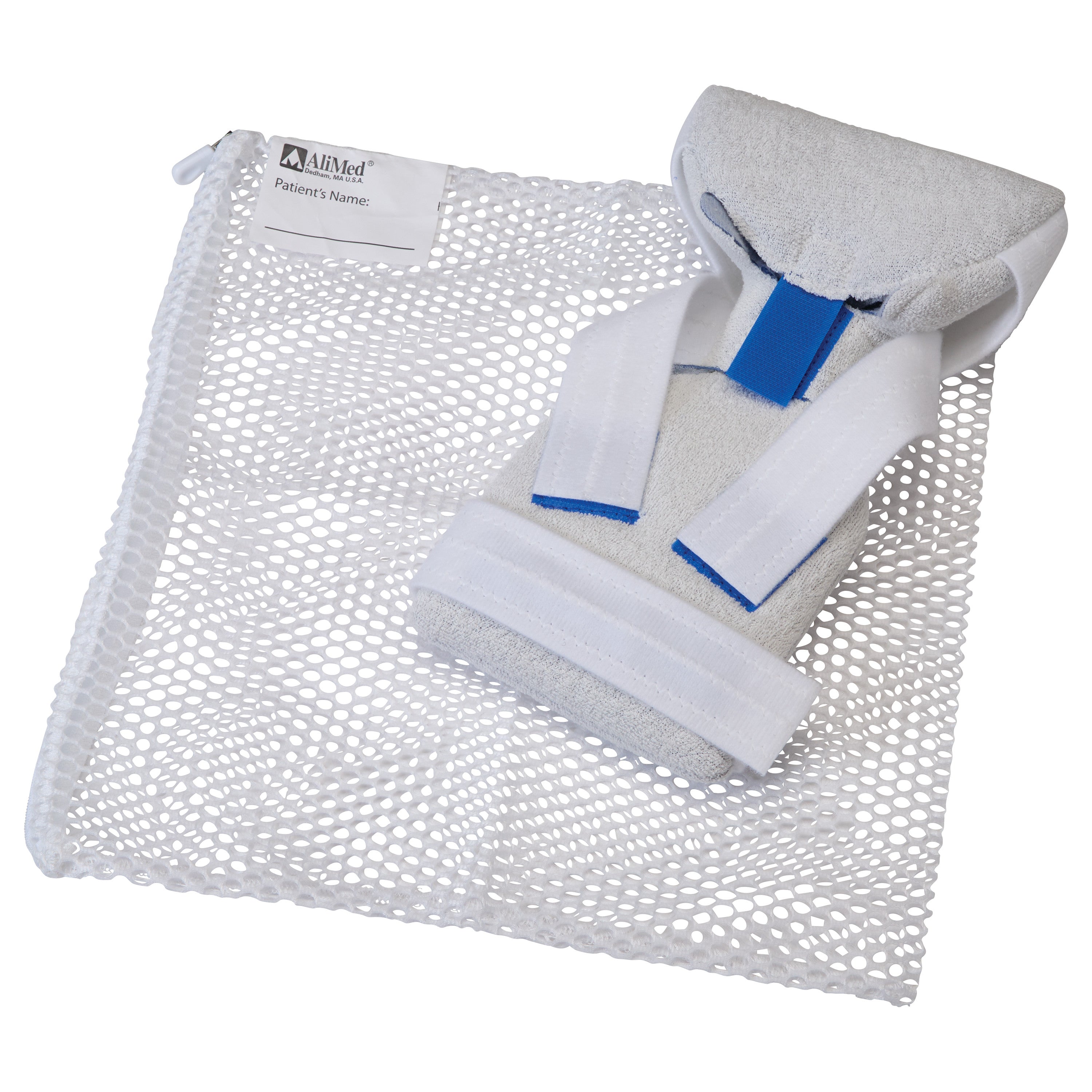 A Replacement Terrycloth Cover for AliMed Standard Grip Splint II is shown on a white mesh bag with a label for a patient's name.
