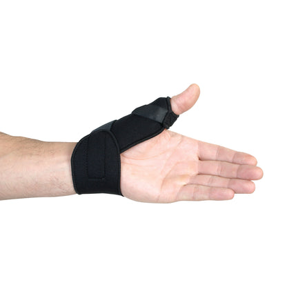A hand wearing an AliMed Custom-Molded Thumb Splint, black in color, supporting the thumb while the palm faces up.