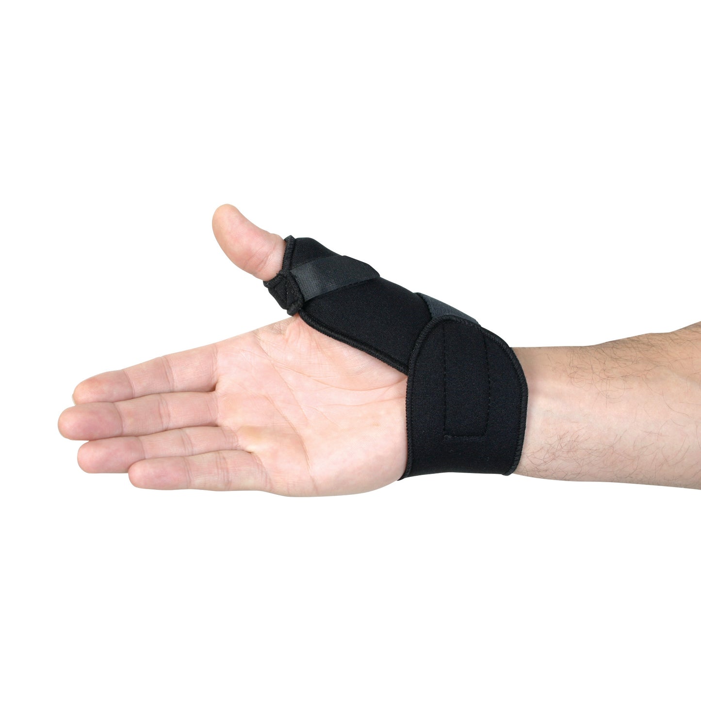 A hand is shown wearing an AliMed Custom-Molded Thumb Splint in black, providing support to the thumb and wrist.
