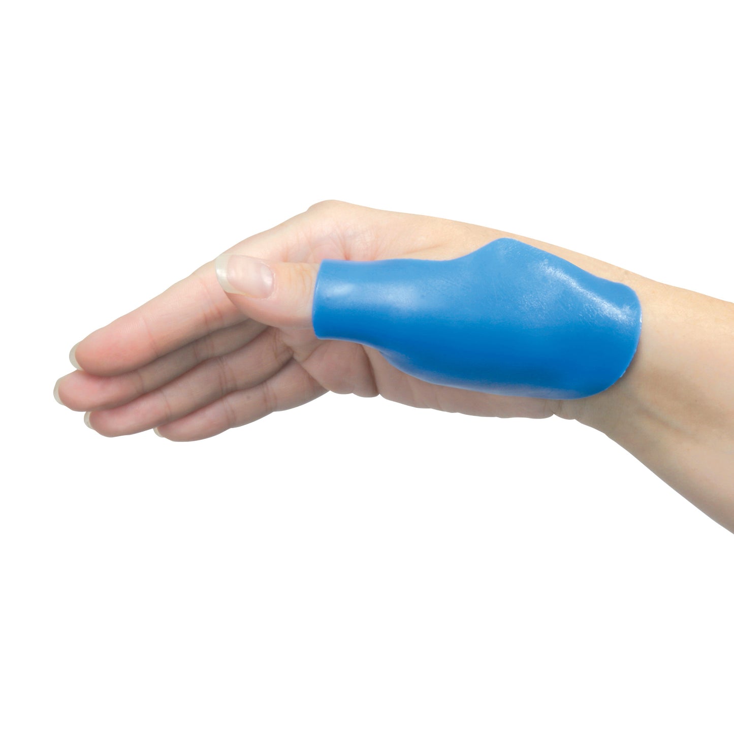 A hand wearing a blue AliMed Custom-Molded Thumb Splint, supporting the thumb's base, seen from the side.