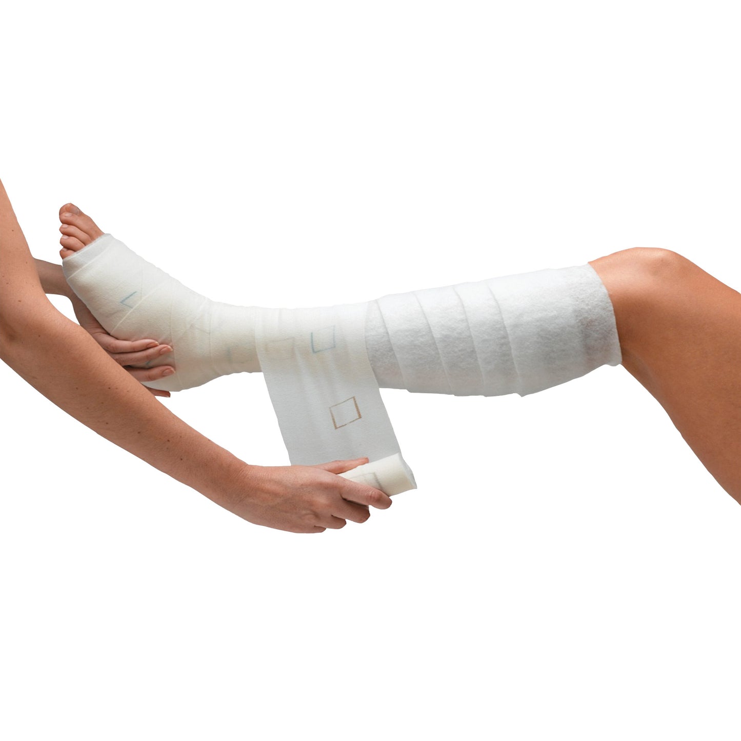 A person wraps a Molnlycke Setopress Compression Bandage around another person's lower leg and foot.