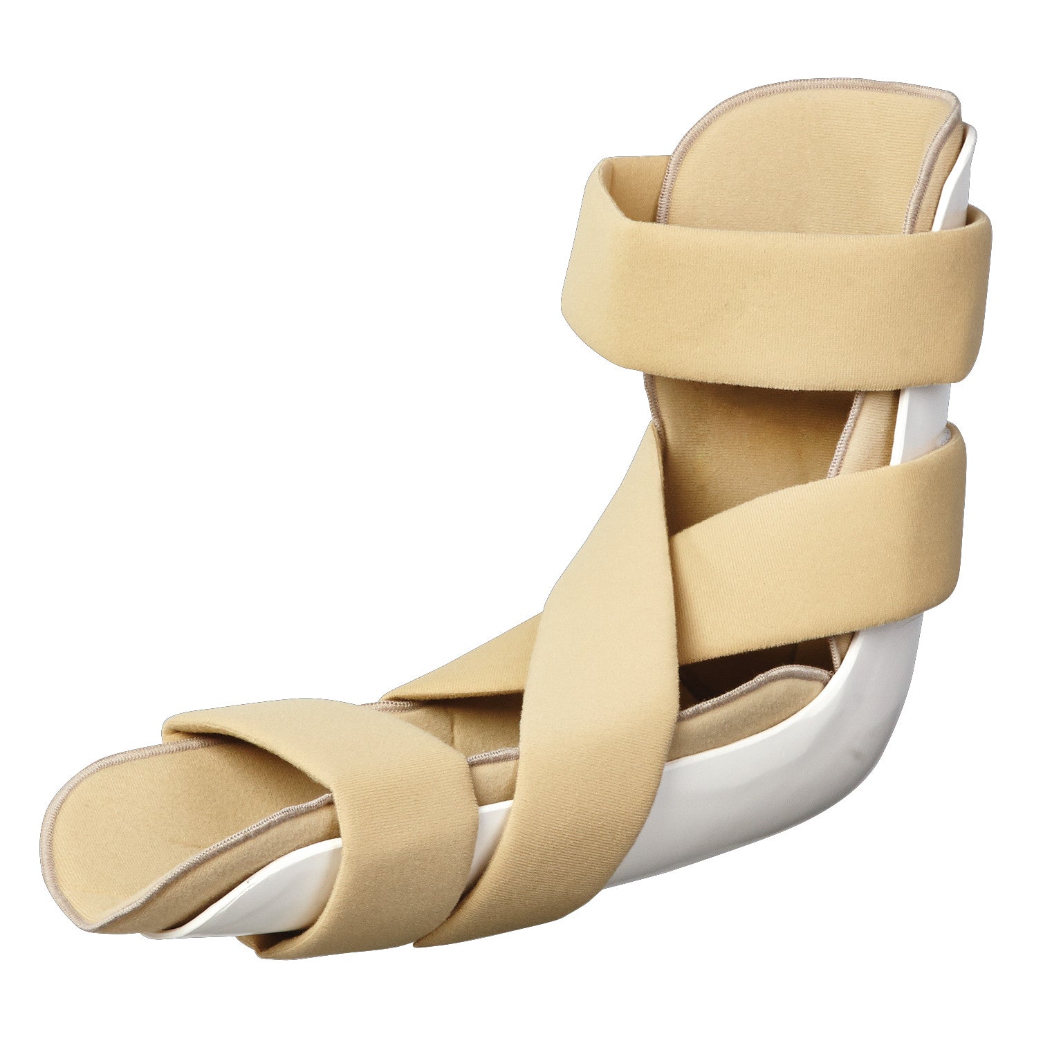 The AliMed Posterior 90 Degree Flexion Elbow Orthosis is shown with a white plastic base and beige padded straps.
