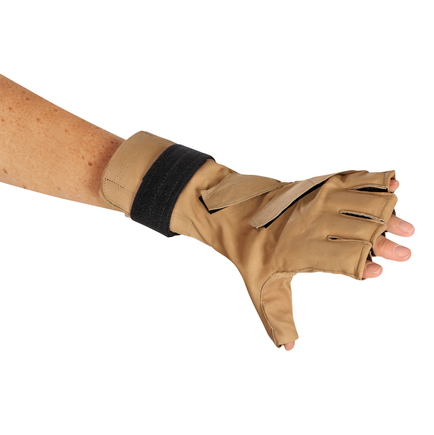A person wears an AliMed Forearm-Based Radial Nerve Splint in tan with an adjustable strap and finger supports.