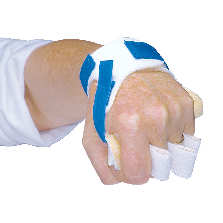 A hand wearing the AliMed Palm Guard Splint with Finger Separator, featuring blue straps and foam to separate and protect fingers.