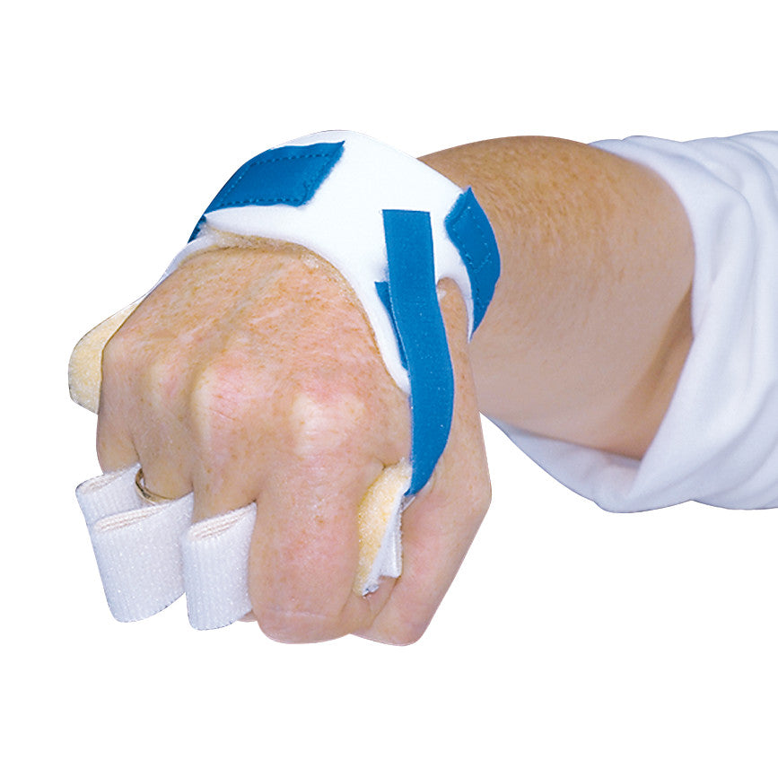A person's hand wearing the AliMed Palm Guard Splint with Finger Separator, supported by blue straps and a white base.
