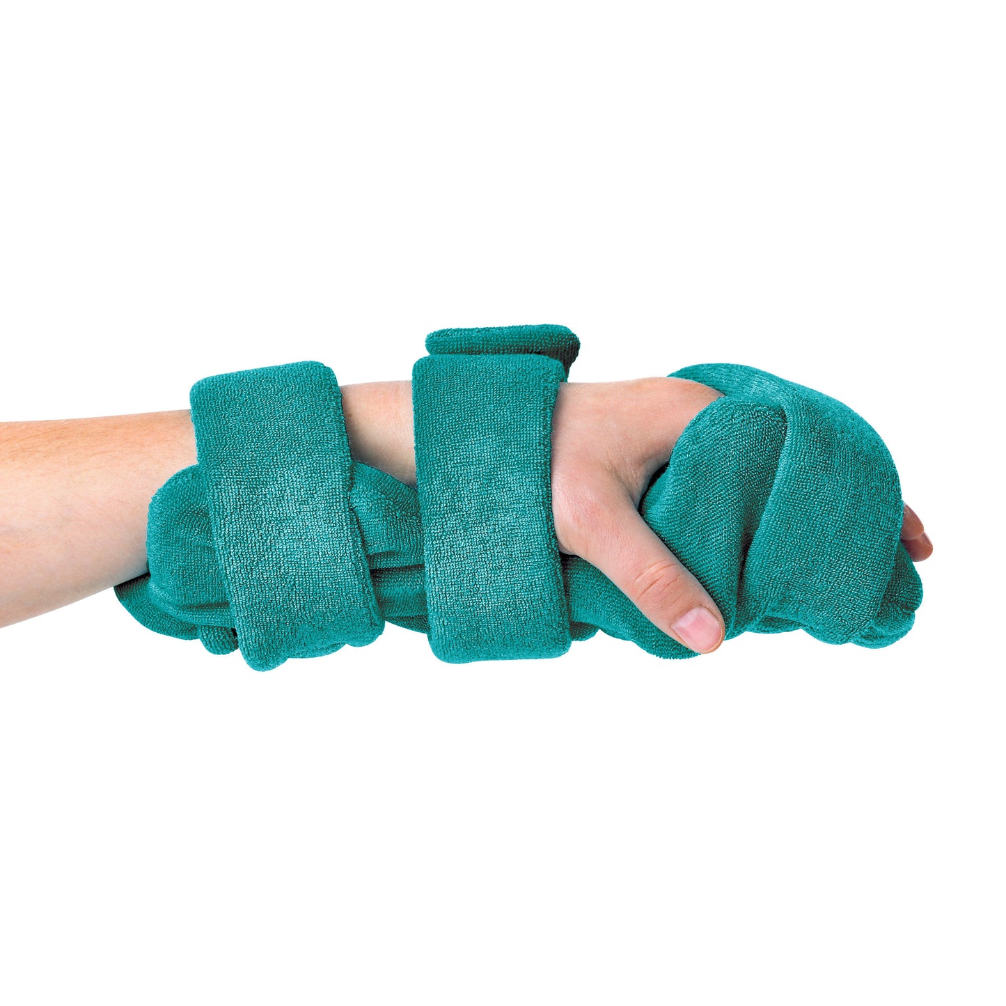 A hand wearing a Comfy Splints Pediatric Hand/Thumb Orthosis with two teal terrycloth covers, designed for support and comfort.