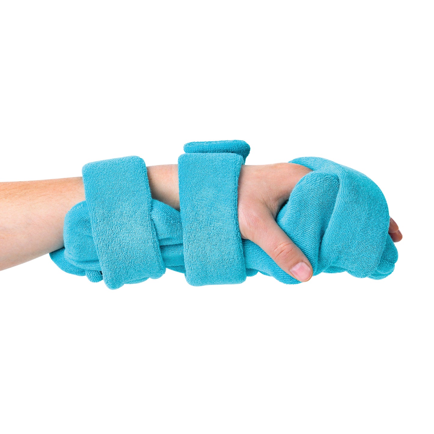 A hand wears the "Comfy Splints Pediatric Hand/Thumb Orthosis" with two blue terrycloth covers for support and comfort.