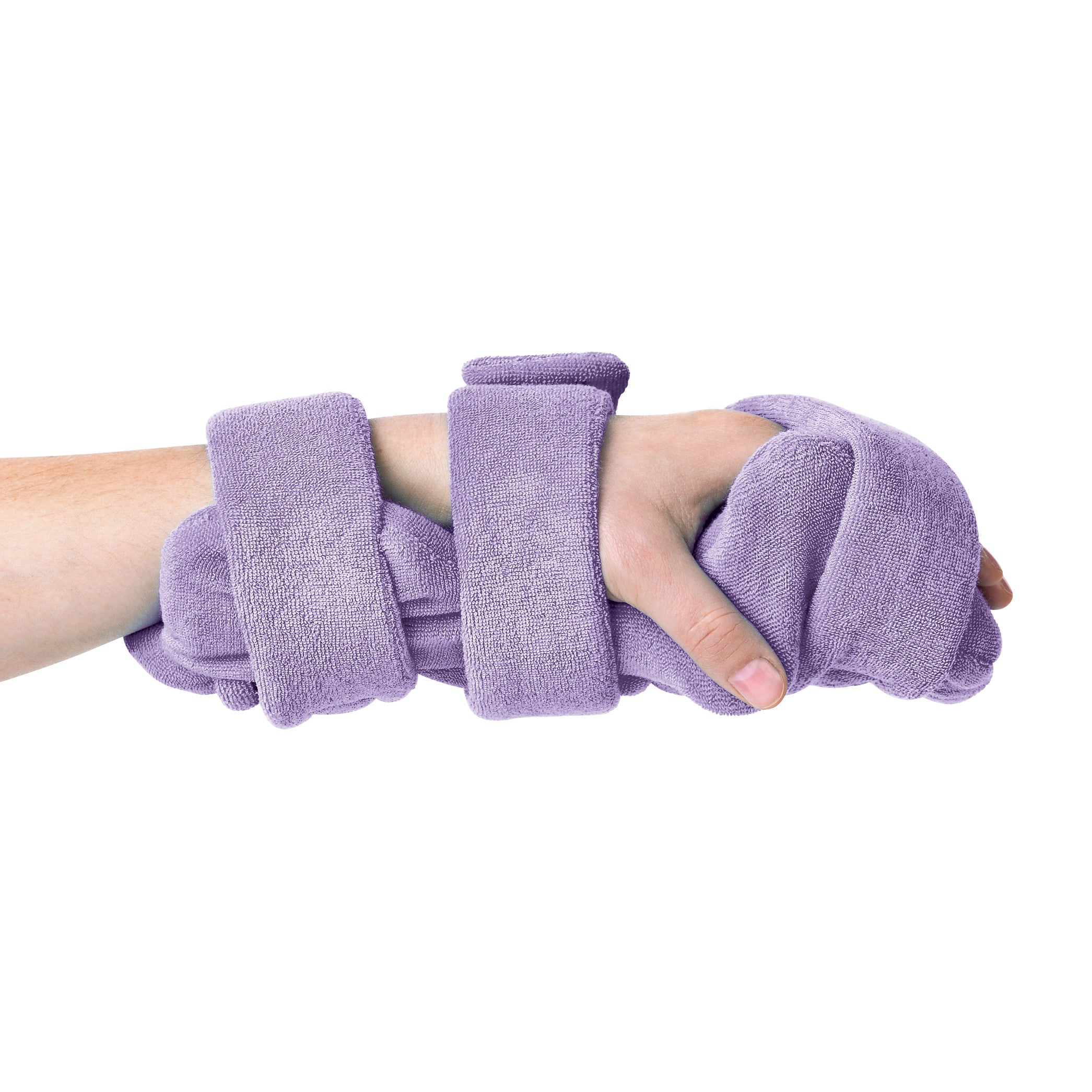 A hand holds a "Comfy Splints Pediatric Hand/Thumb Orthosis" covered in purple terrycloth, designed for support and comfort.