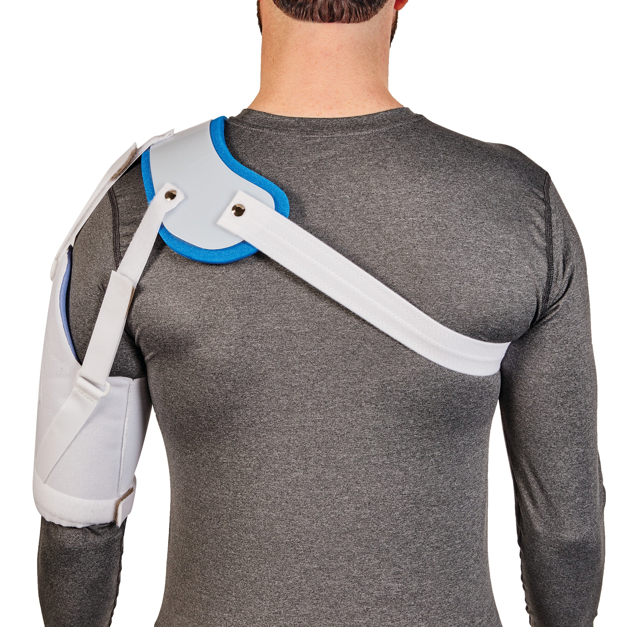 A person wearing an AliMed Hemi-Shoulder Sling over a grey shirt, viewed from the back. The sling is white with blue padding.