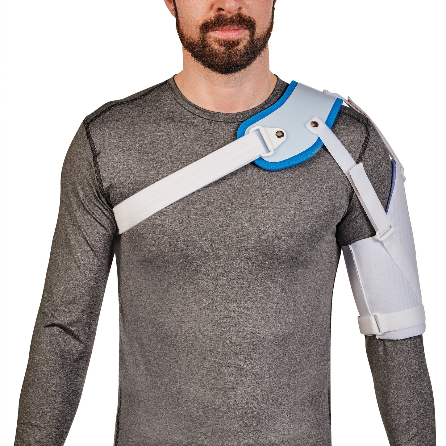 Man wearing the AliMed Hemi-Shoulder Sling in white and blue over a gray shirt for shoulder support.