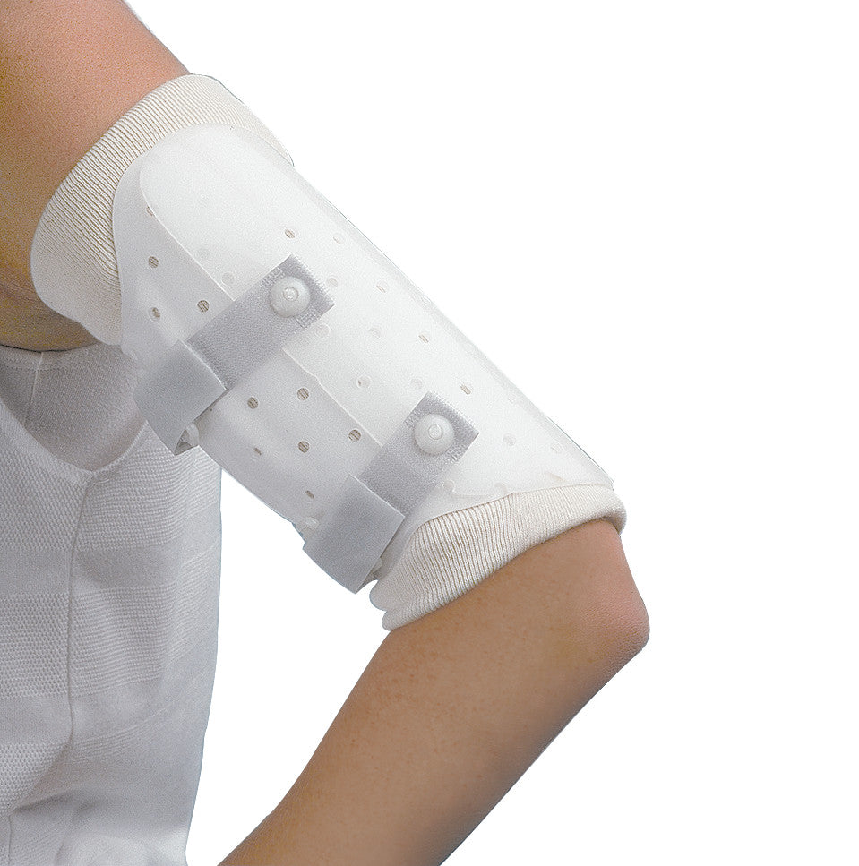 A person wears a Miami Prefabricated Humerus Fracture Brace on their arm, featuring adjustable straps and ventilation holes.