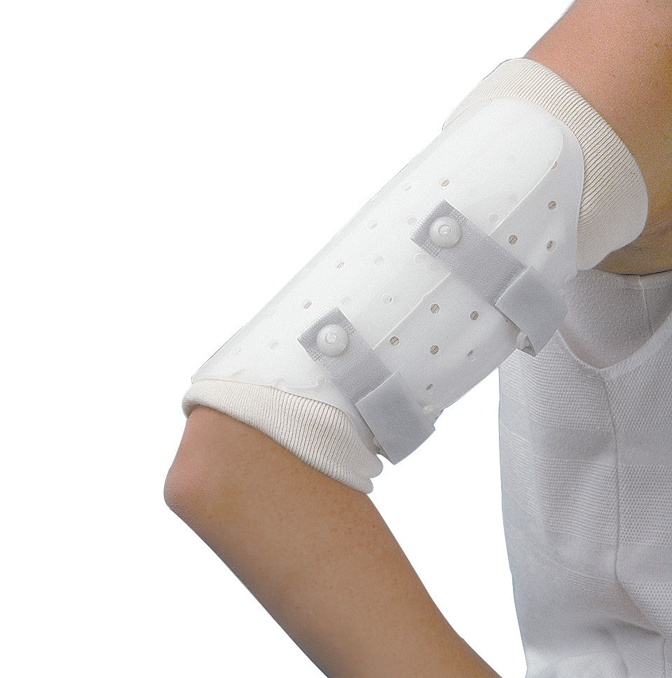 A person's arm wearing a Miami Prefabricated Humerus Fracture Brace, featuring a white, perforated design with adjustable straps.