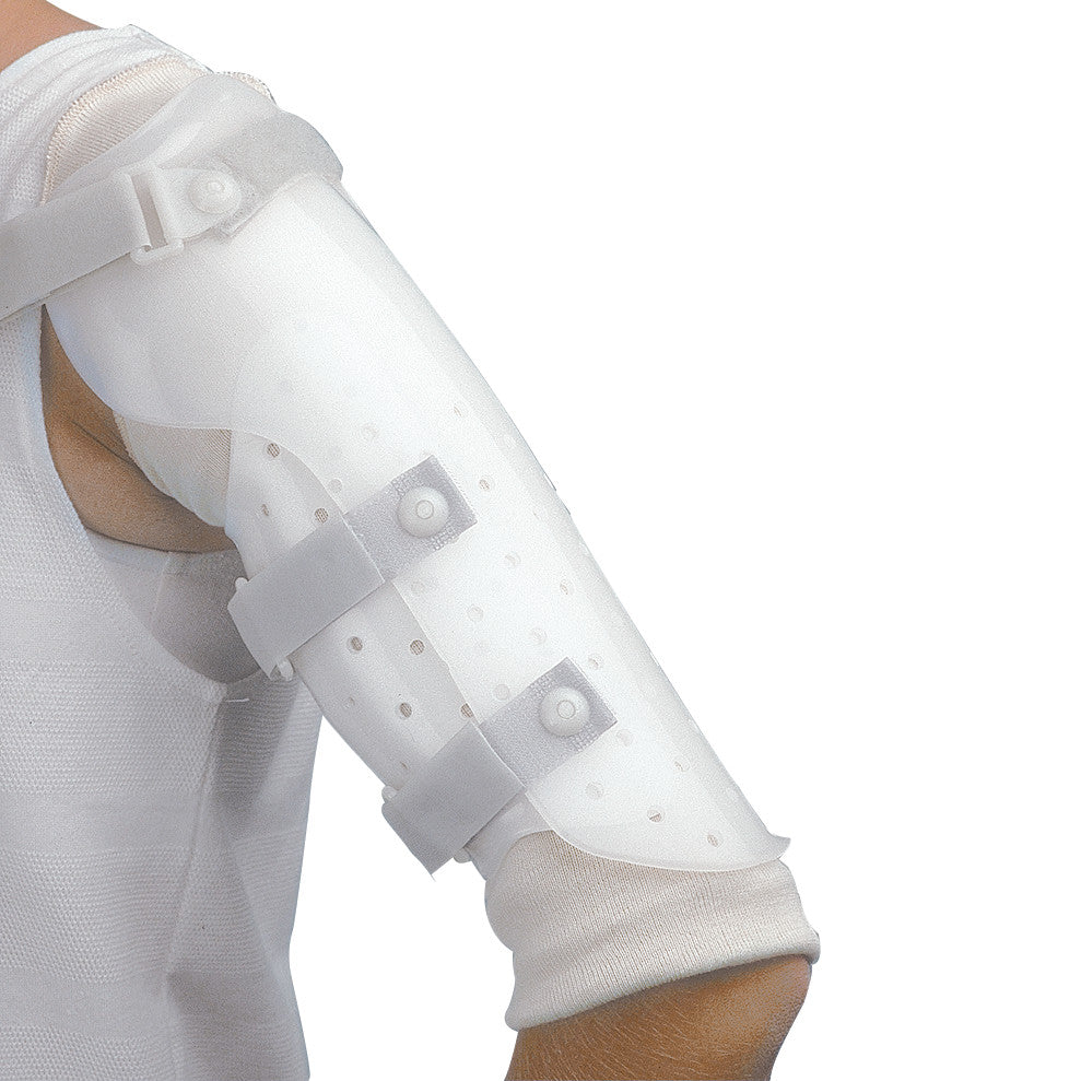 Person wearing a Miami Over The Shoulder Humerus Fracture Brace, featuring a white plastic shell with adjustable straps.