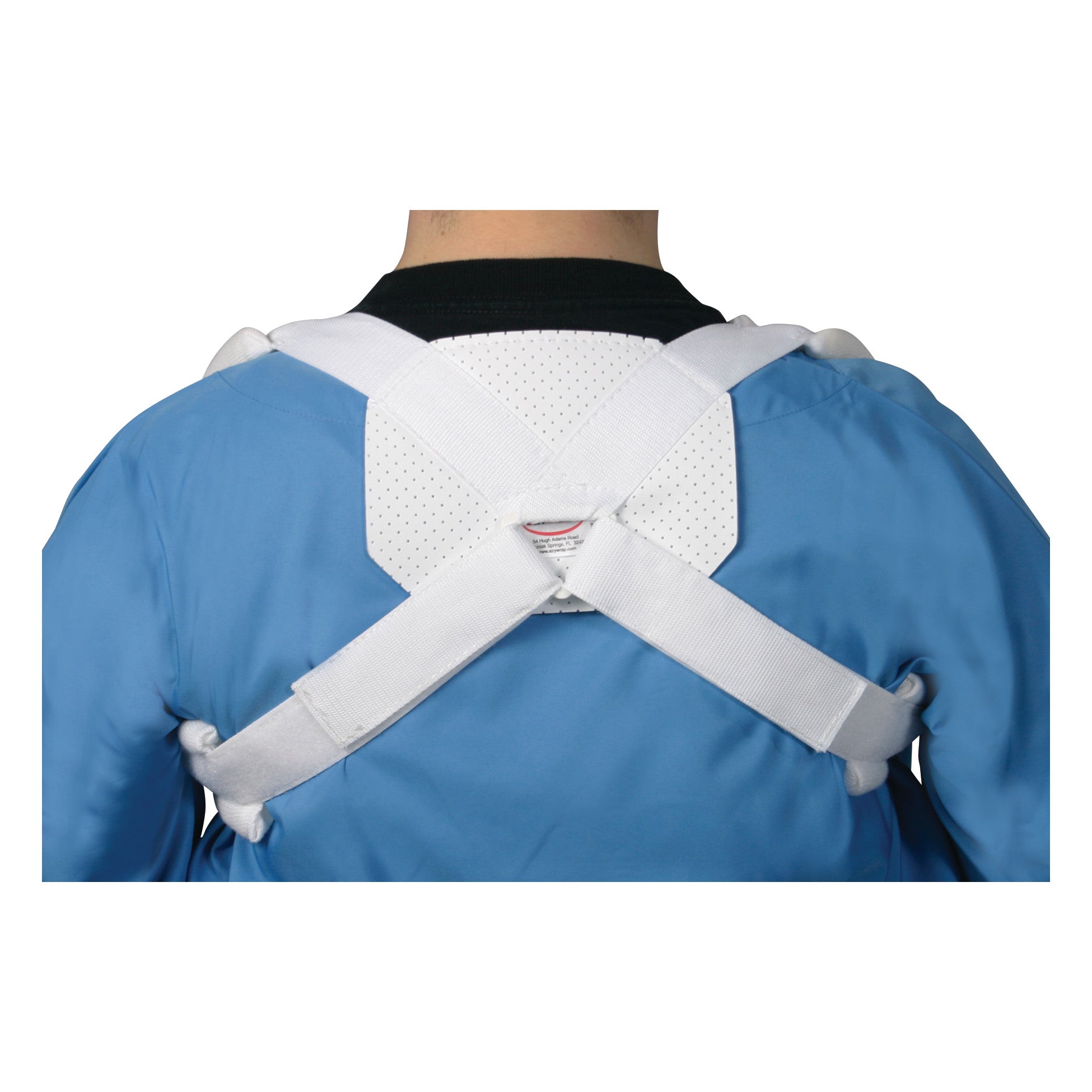 A person wearing a Clavicle Support with white straps, shown from the back, over a blue shirt.