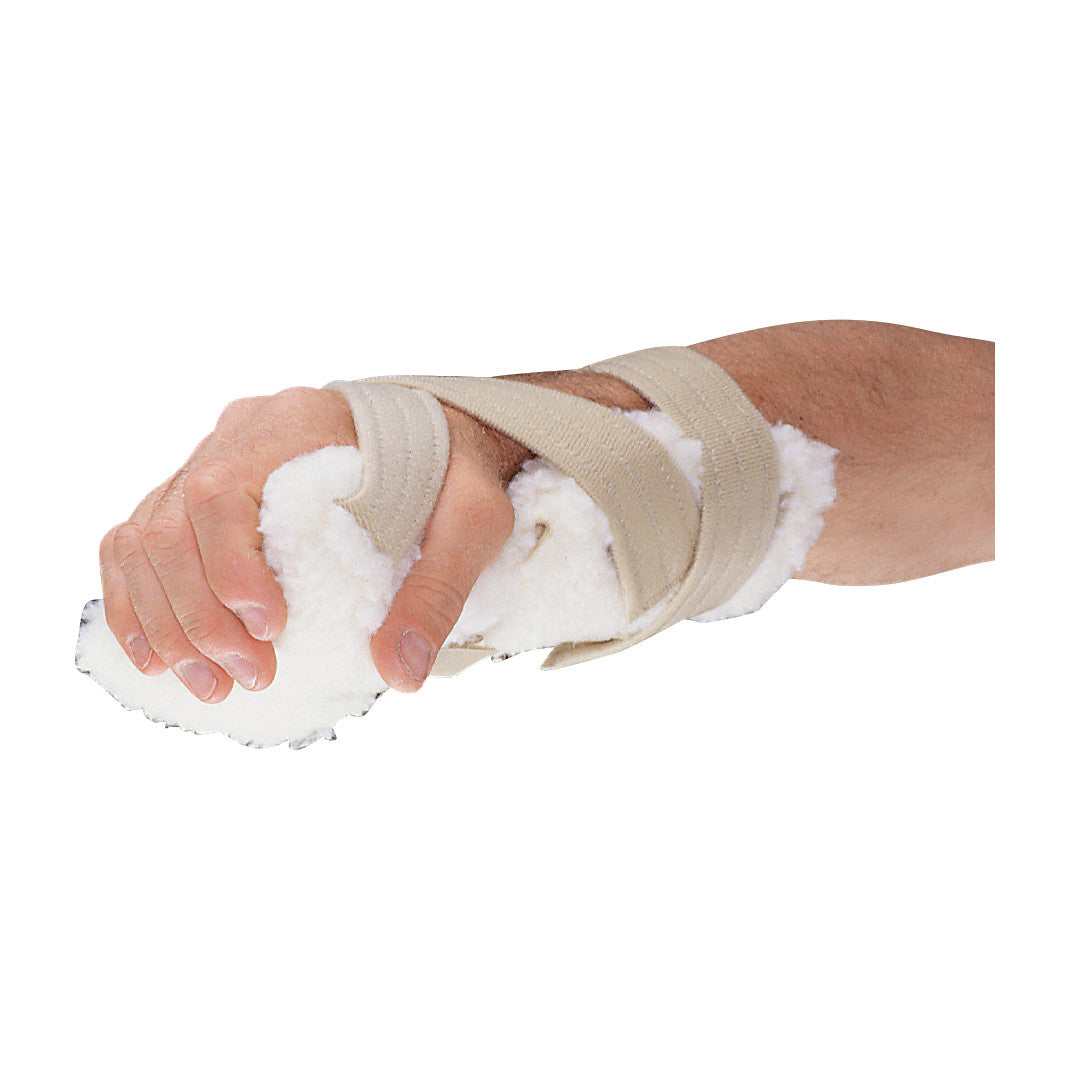 A forearm with an AliMed Grip Splint II, featuring a beige strap and white padding to support the hand and wrist.